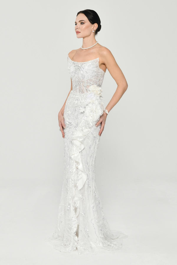 Strapless Waist Floral Accessory Sequin Long Dress