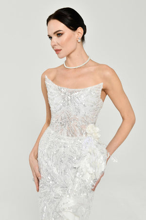 Strapless Waist Floral Accessory Sequin Long Dress