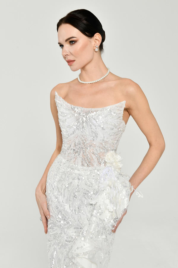 Strapless Waist Floral Accessory Sequin Long Dress