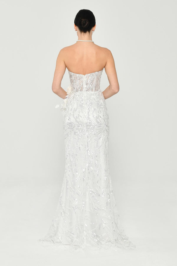 Strapless Waist Floral Accessory Sequin Long Dress