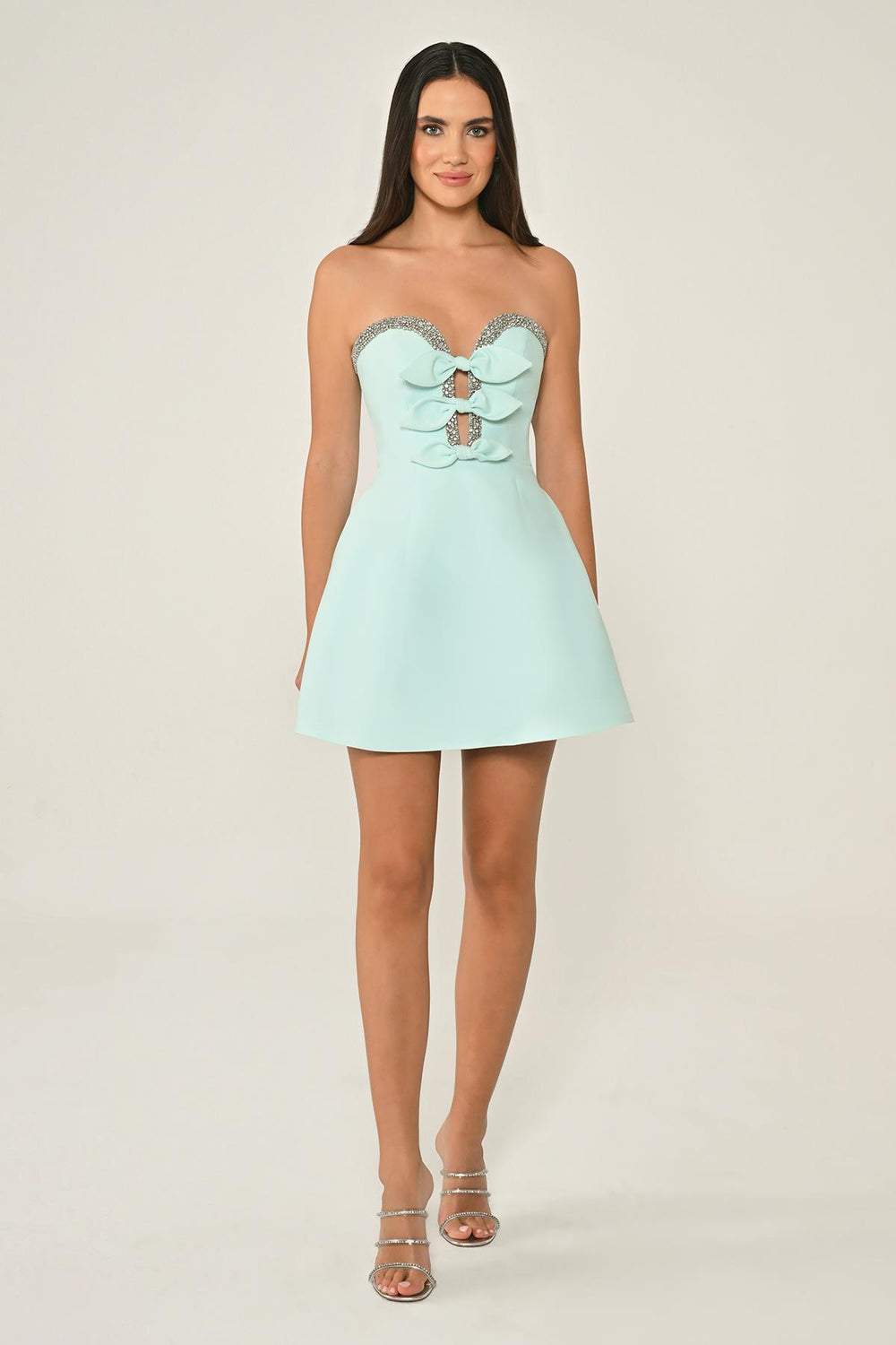 Strapless Satin Short Dress with Bead and Bow Accessories