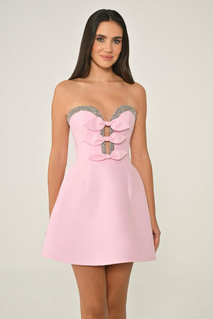 Strapless Satin Short Dress with Bead and Bow Accessories