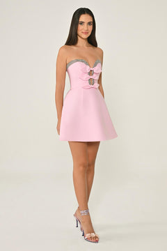 Strapless Satin Short Dress with Bead and Bow Accessories