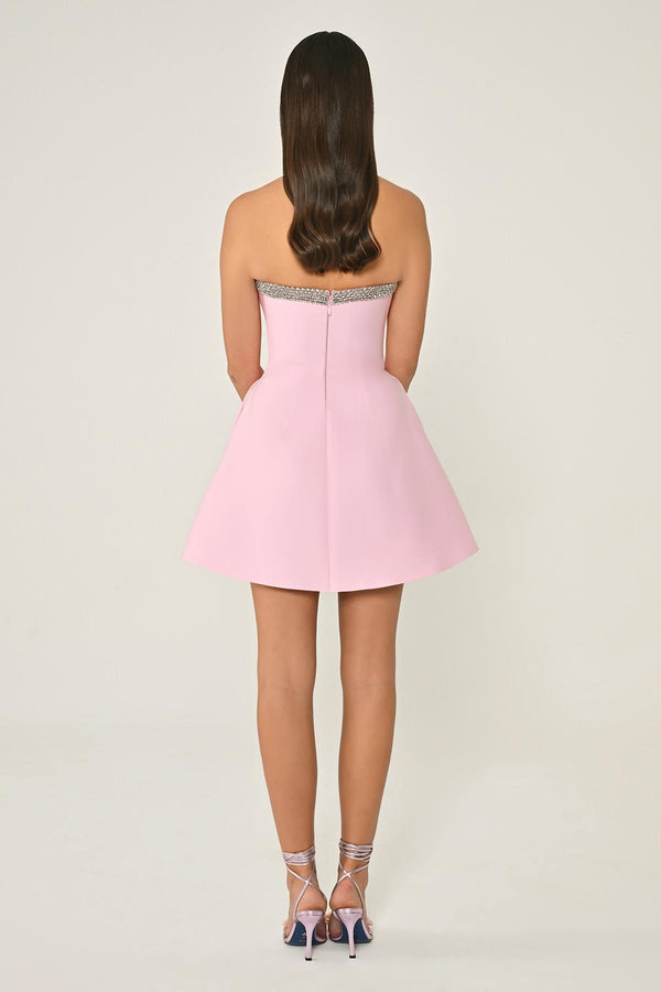 Strapless Satin Short Dress with Bead and Bow Accessories