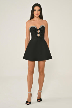 Strapless Satin Short Dress with Bead and Bow Accessories