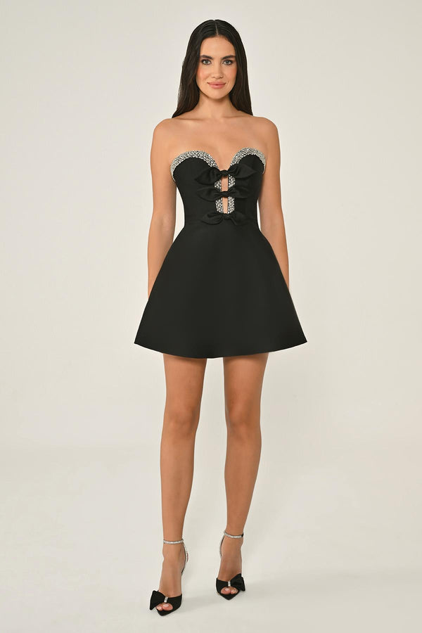 Strapless Satin Short Dress with Bead and Bow Accessories