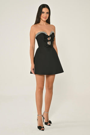Strapless Satin Short Dress with Bead and Bow Accessories