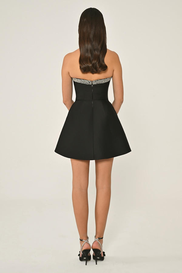 Strapless Satin Short Dress with Bead and Bow Accessories