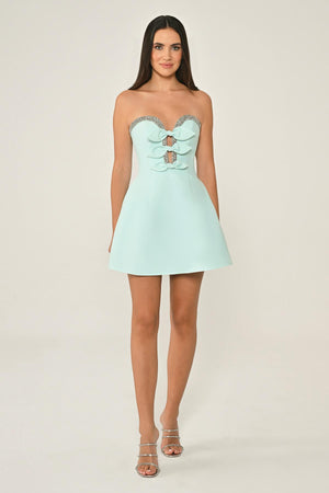Strapless Satin Short Dress with Bead and Bow Accessories