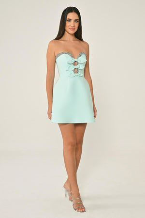 Strapless Satin Short Dress with Bead and Bow Accessories