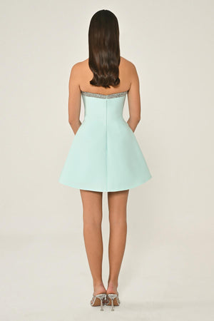 Strapless Satin Short Dress with Bead and Bow Accessories