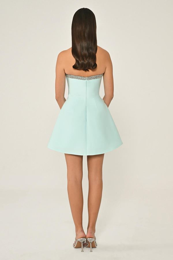 Strapless Satin Short Dress with Bead and Bow Accessories