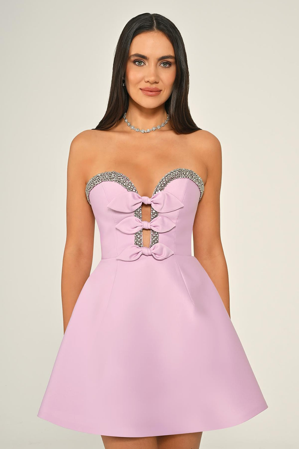Strapless Satin Short Dress with Bead and Bow Accessories