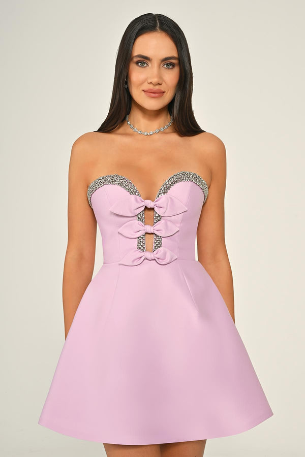 Strapless Satin Short Dress with Bead and Bow Accessories