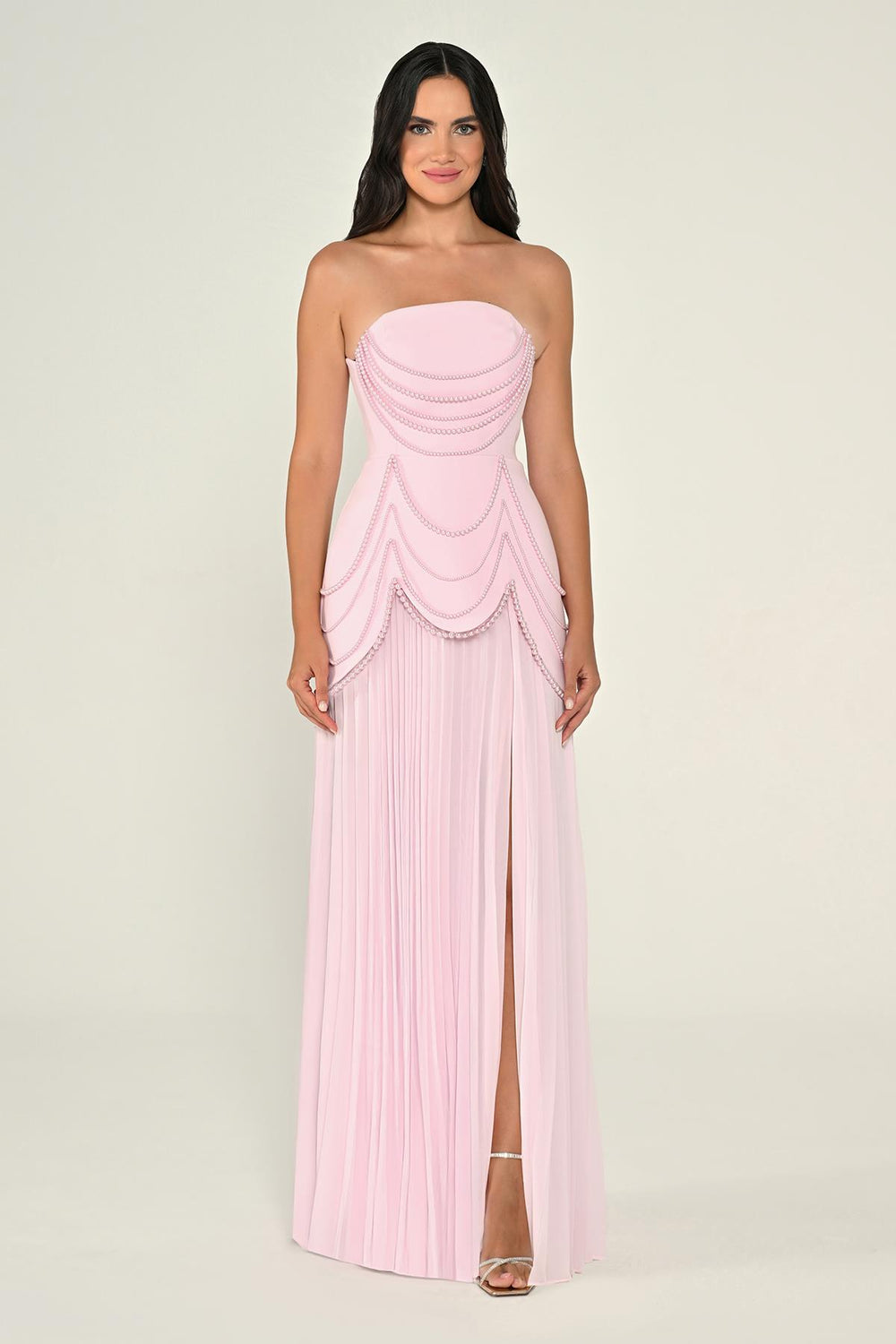 Strapless Beaded Pleated Skirt Chiffon Top Crepe Long Dress