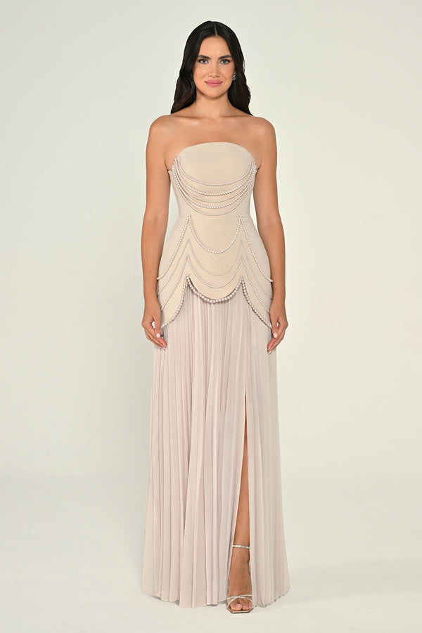 Strapless Beaded Pleated Skirt Chiffon Top Crepe Long Dress