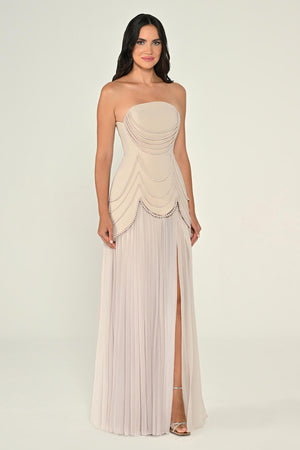 Strapless Beaded Pleated Skirt Chiffon Top Crepe Long Dress