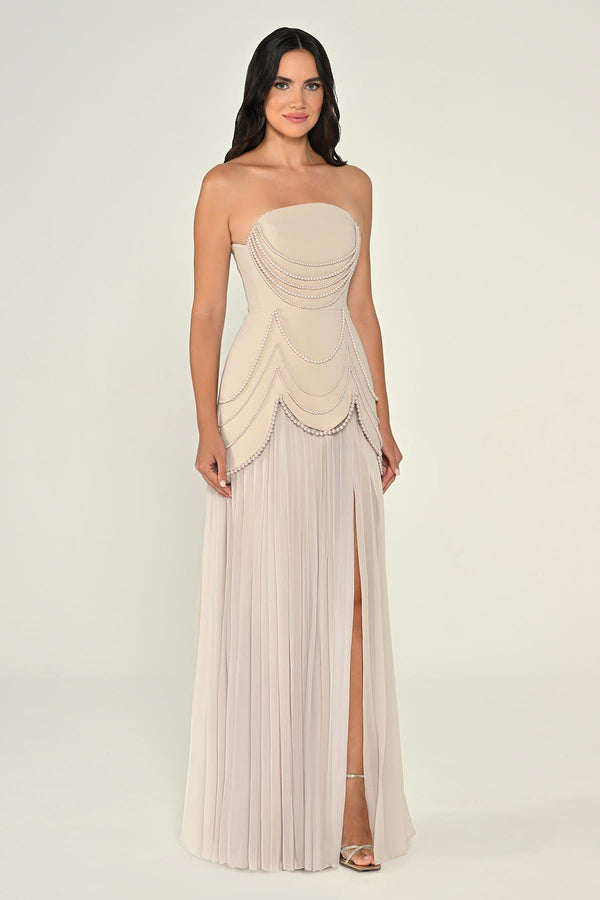Strapless Beaded Pleated Skirt Chiffon Top Crepe Long Dress