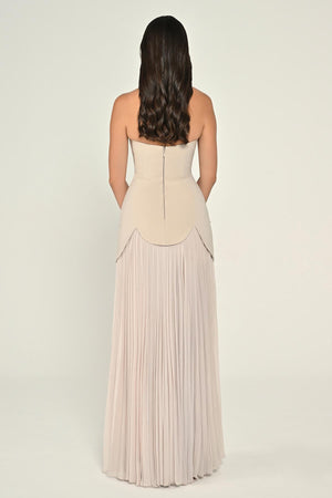 Strapless Beaded Pleated Skirt Chiffon Top Crepe Long Dress