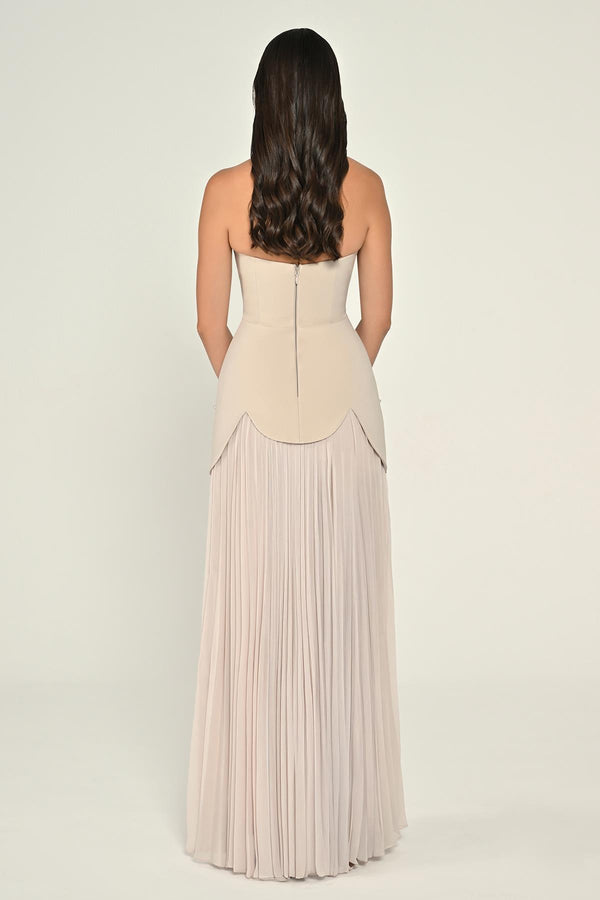 Strapless Beaded Pleated Skirt Chiffon Top Crepe Long Dress