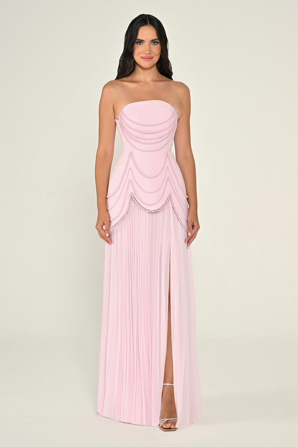 Strapless Beaded Pleated Skirt Chiffon Top Crepe Long Dress