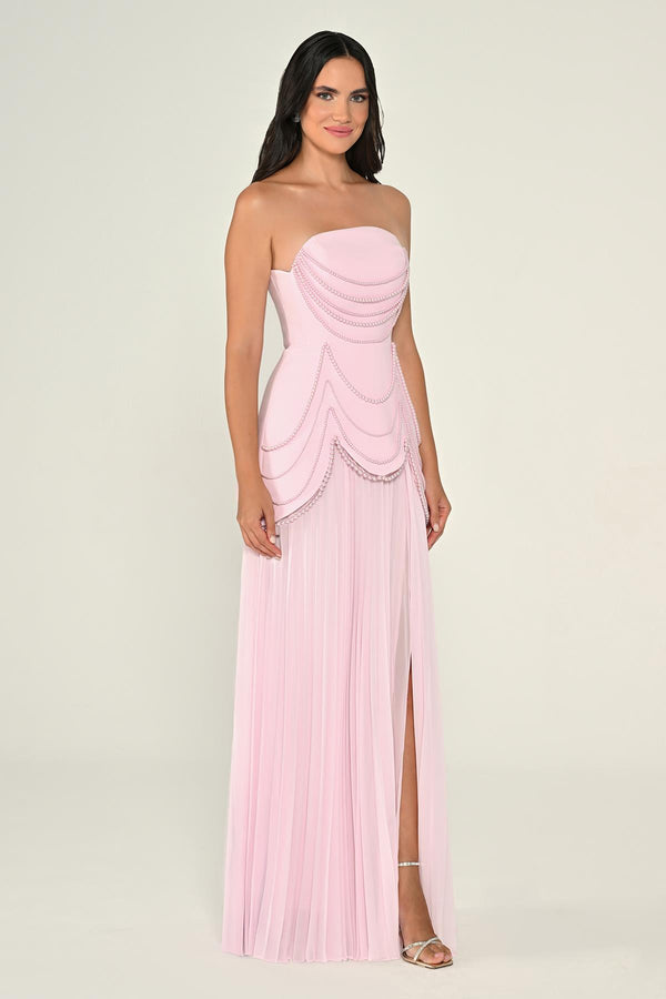 Strapless Beaded Pleated Skirt Chiffon Top Crepe Long Dress