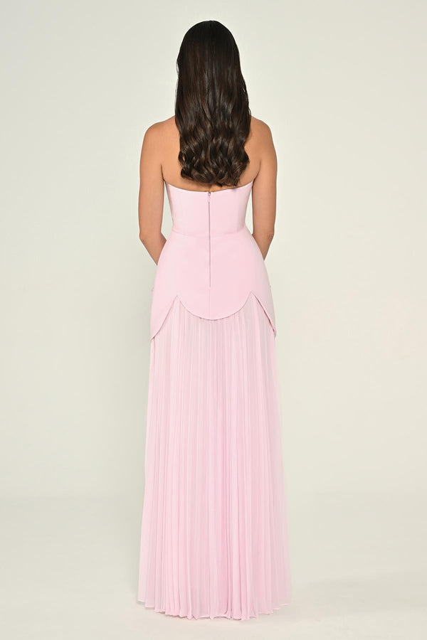 Strapless Beaded Pleated Skirt Chiffon Top Crepe Long Dress
