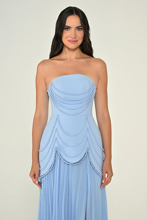 Strapless Beaded Pleated Skirt Chiffon Top Crepe Long Dress