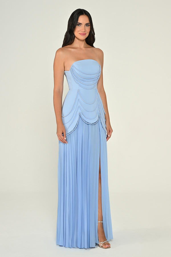 Strapless Beaded Pleated Skirt Chiffon Top Crepe Long Dress