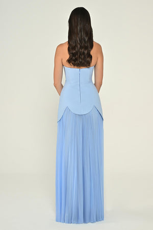 Strapless Beaded Pleated Skirt Chiffon Top Crepe Long Dress