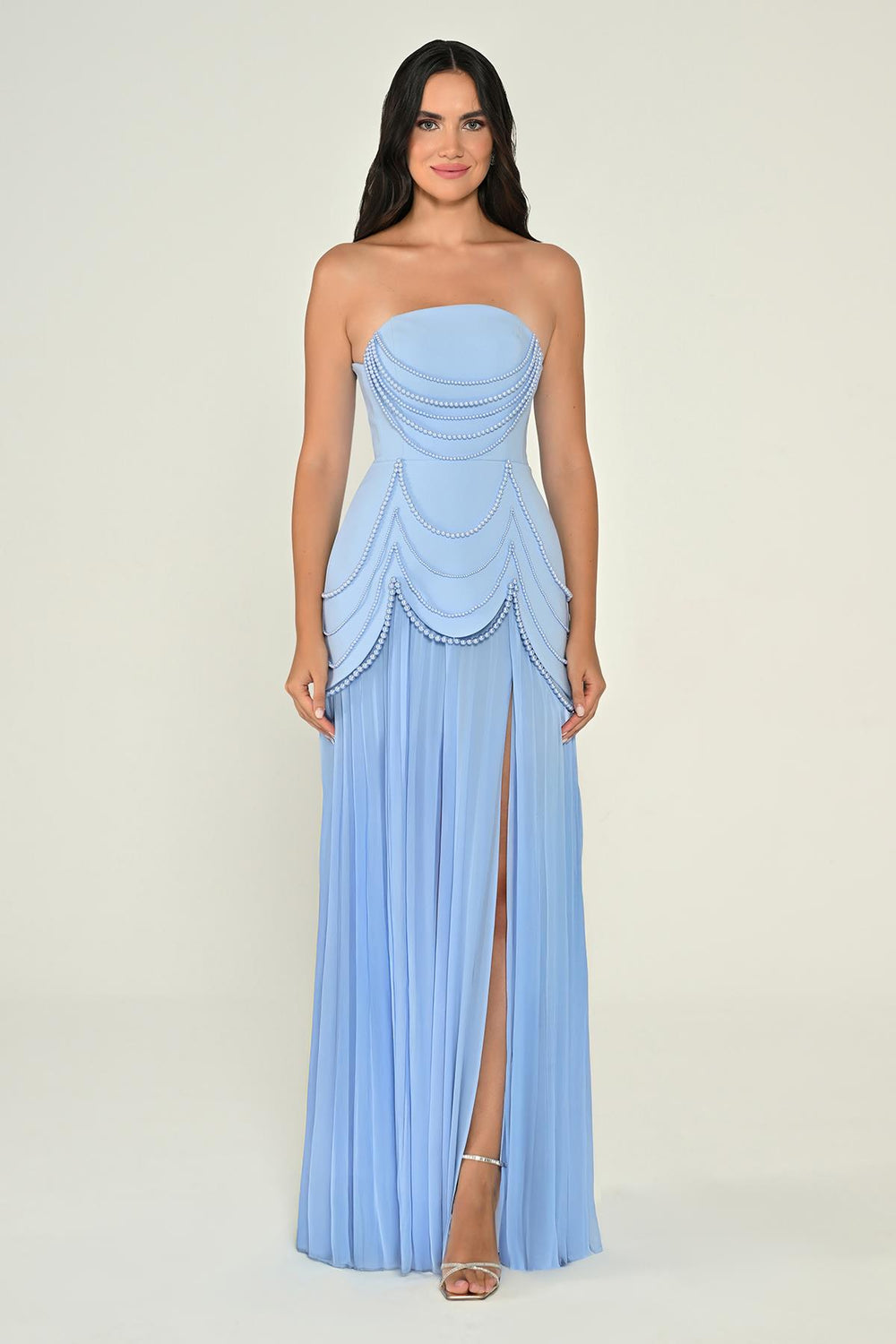 Strapless Beaded Pleated Skirt Chiffon Top Crepe Long Dress