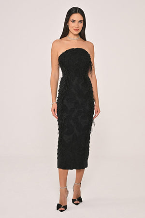 Strapless Beaded Feather Midi Dress