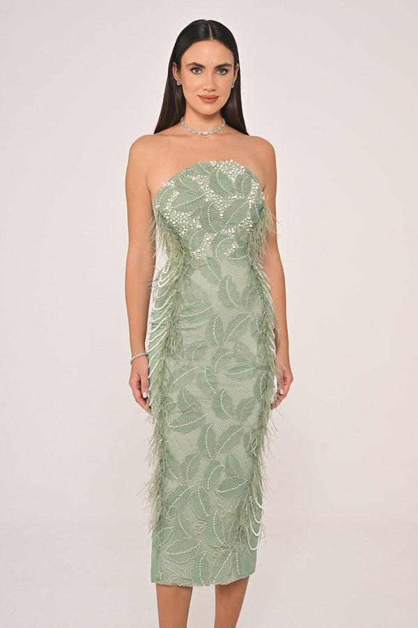 Strapless Beaded Feather Midi Dress