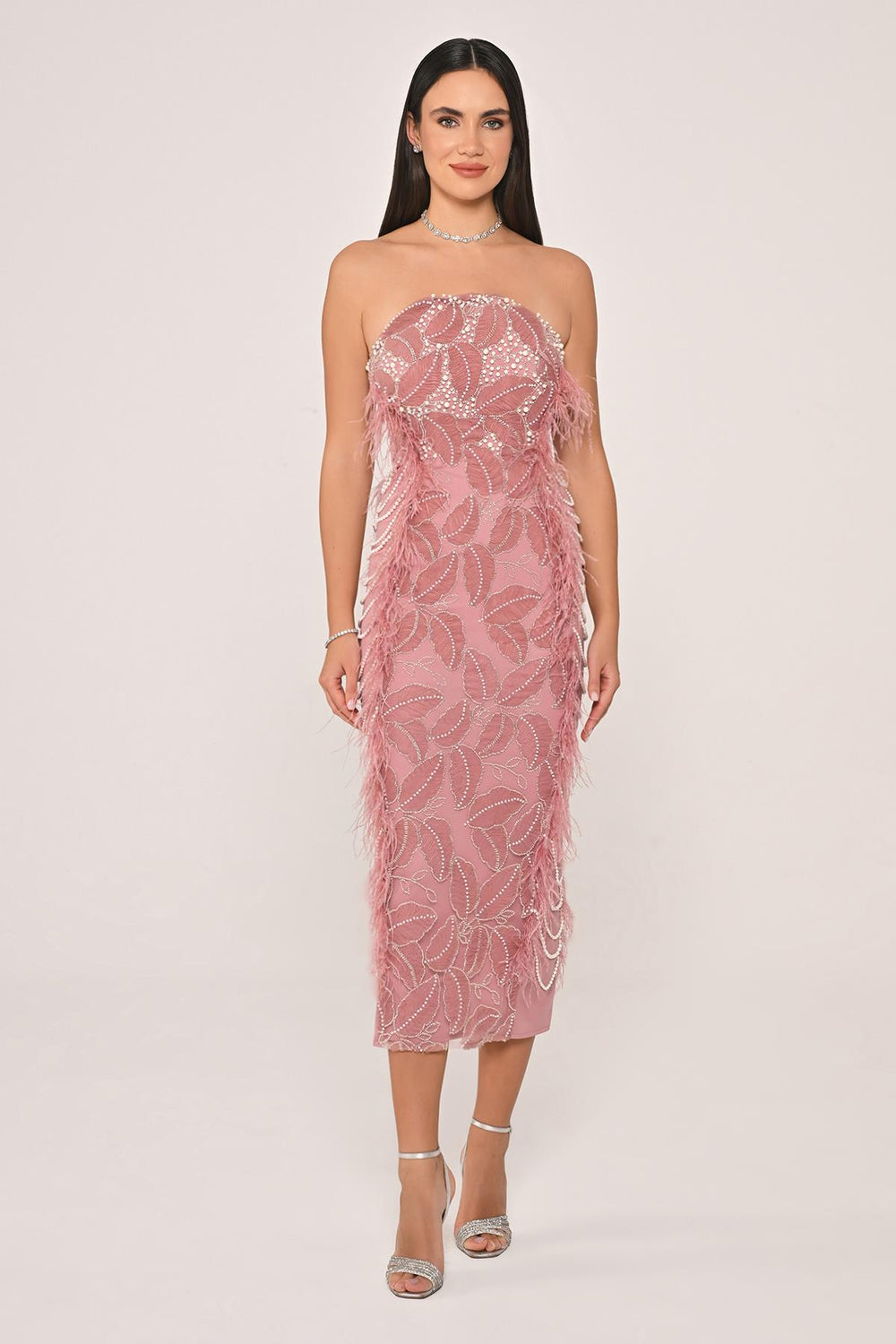 Strapless Beaded Feather Midi Dress