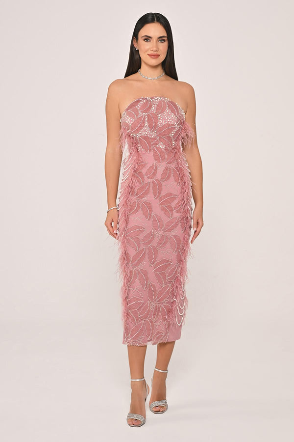 Strapless Beaded Feather Midi Dress