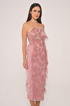 Strapless Beaded Feather Midi Dress