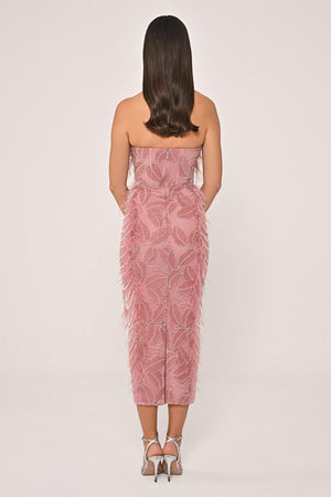 Strapless Beaded Feather Midi Dress