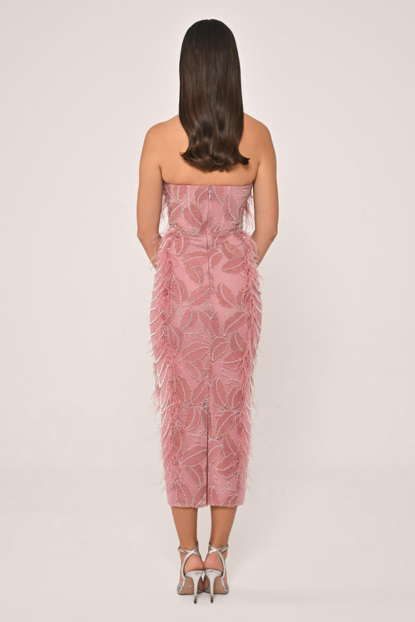 Strapless Beaded Feather Midi Dress
