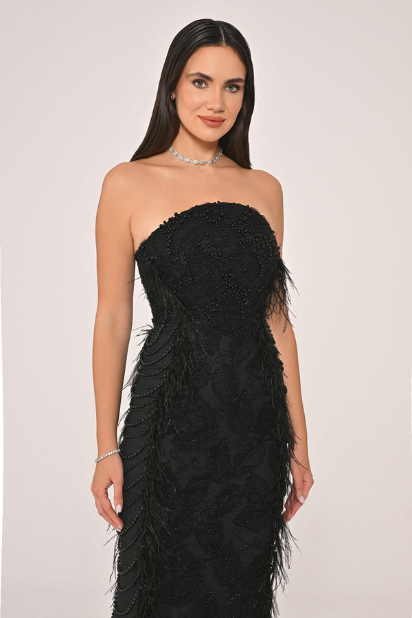 Strapless Beaded Feather Midi Dress