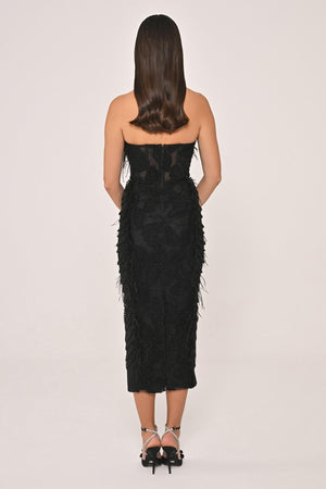 Strapless Beaded Feather Midi Dress