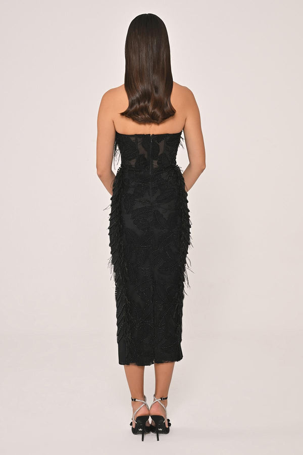 Strapless Beaded Feather Midi Dress