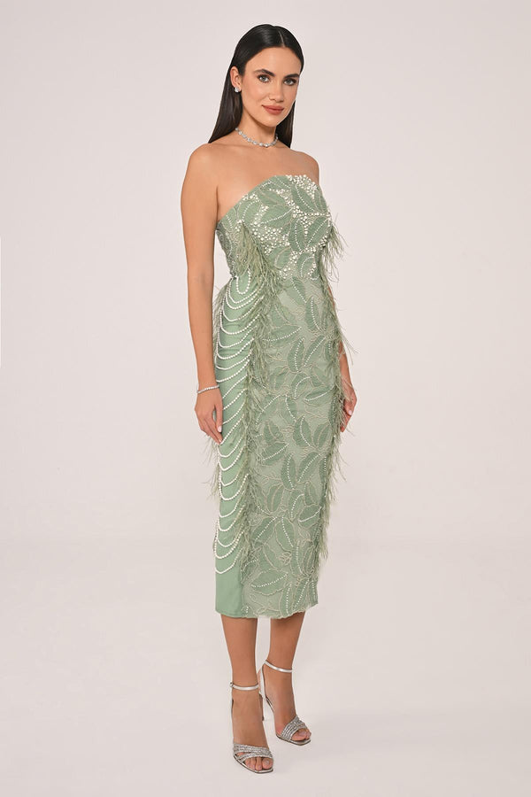 Strapless Beaded Feather Midi Dress