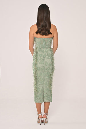 Strapless Beaded Feather Midi Dress