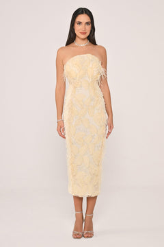 Strapless Beaded Feather Midi Dress
