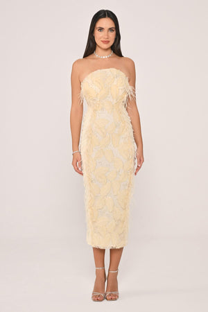 Strapless Beaded Feather Midi Dress