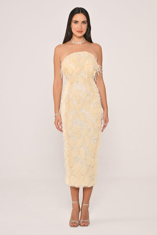 Strapless Beaded Feather Midi Dress
