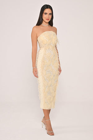Strapless Beaded Feather Midi Dress