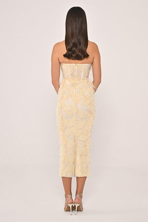Strapless Beaded Feather Midi Dress