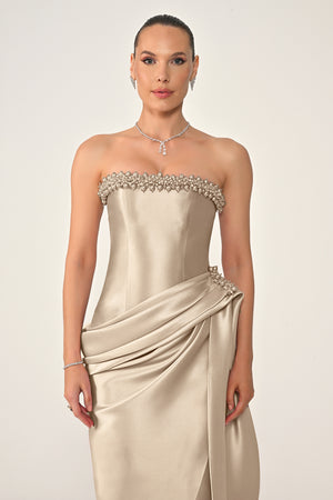 Strapless Beaded Side Train Ziberline Fabric Long Dress