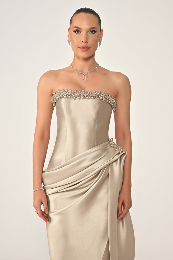 Strapless Beaded Side Train Ziberline Fabric Long Dress